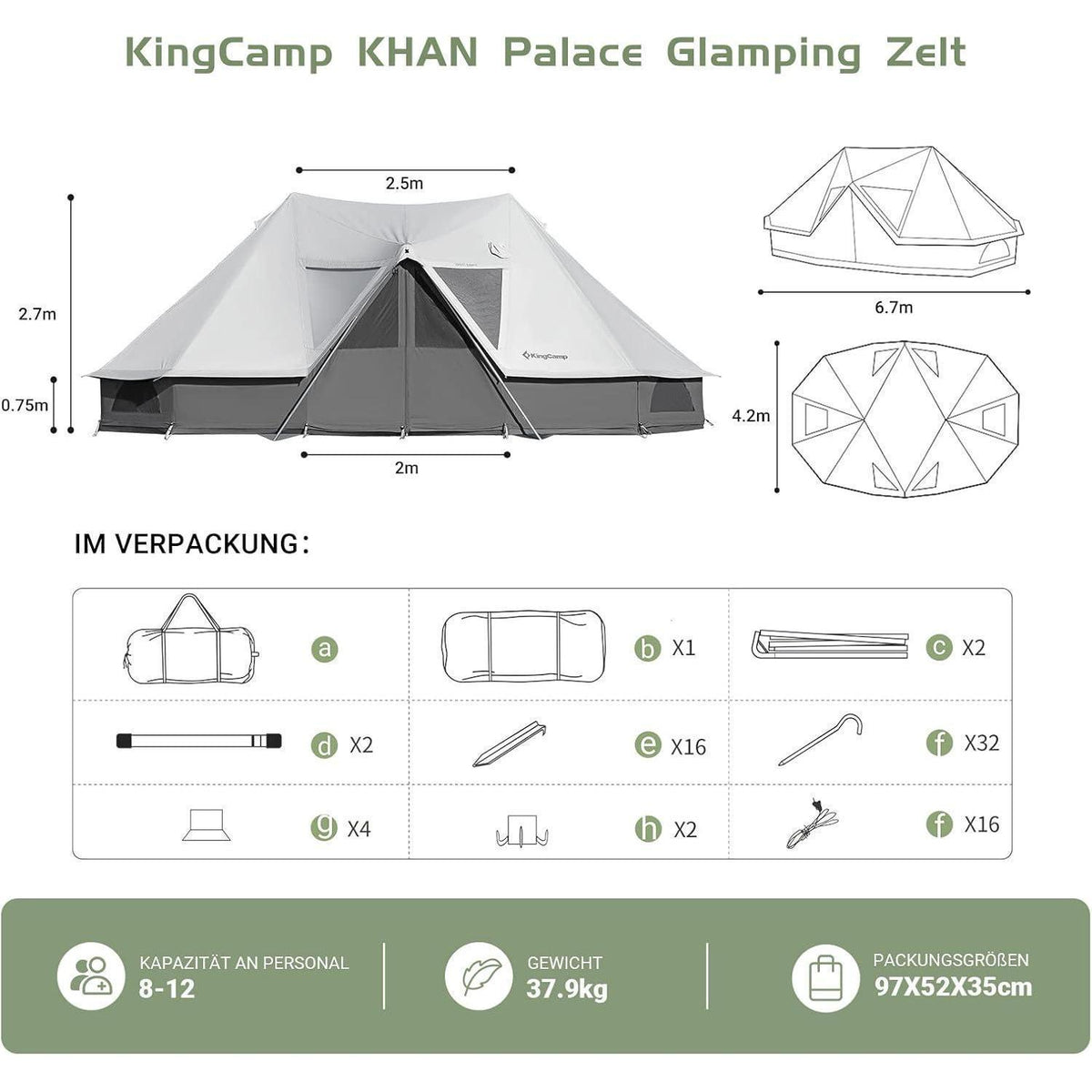 Glampingzelt für 6-12 Personen, Baumwolle, wasserdicht, mit Kaminöffnung