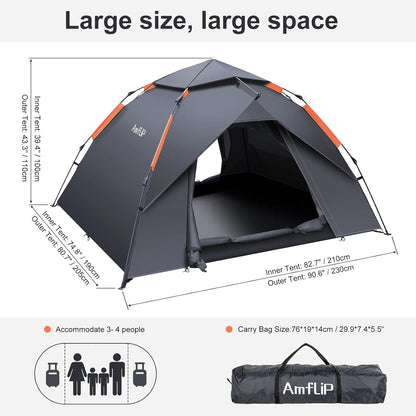 Camping Zelt Automatisches 3 Mann Instant Pop Up Kuppelzelt 4