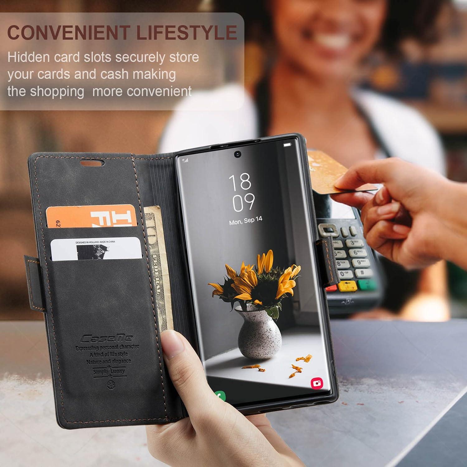 Schwarze Lederhülle Samsung Galaxy S23 Ultra 5G Flip Case Magnet Standfunktion