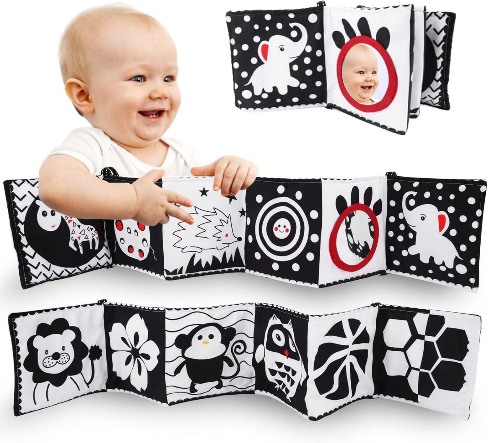Baby Kontrastbuch Schwarz Weiß Stoffbuch mit Spiegel & Klingendem