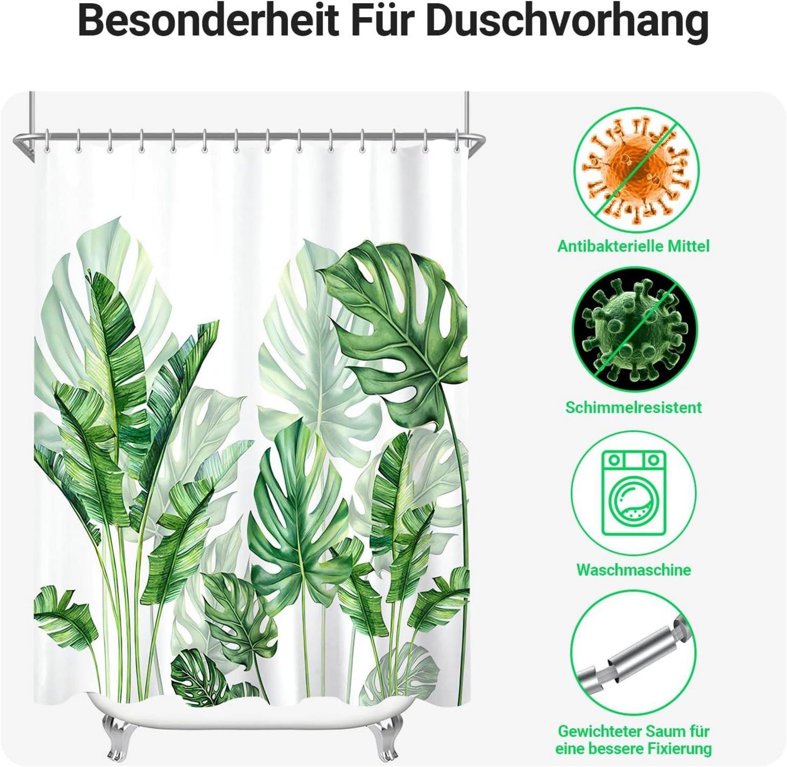 Duschvorhang 200x200 cm Grün Blätter Antischimmel Textil mit Ösen