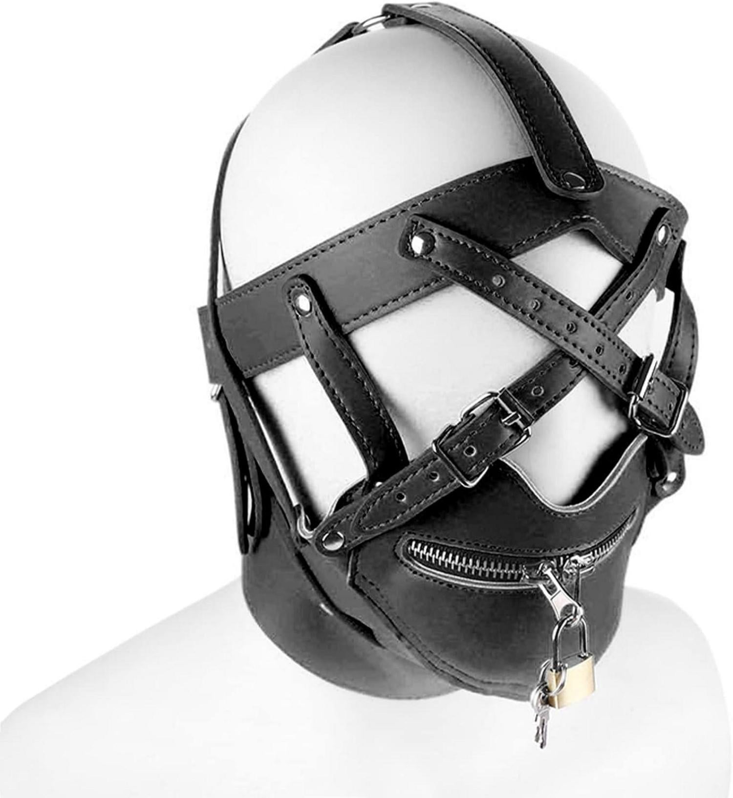 Einstellbare BDSM Augenmaske mit Reißverschlüssen und Schloss, Leder Bondage Set