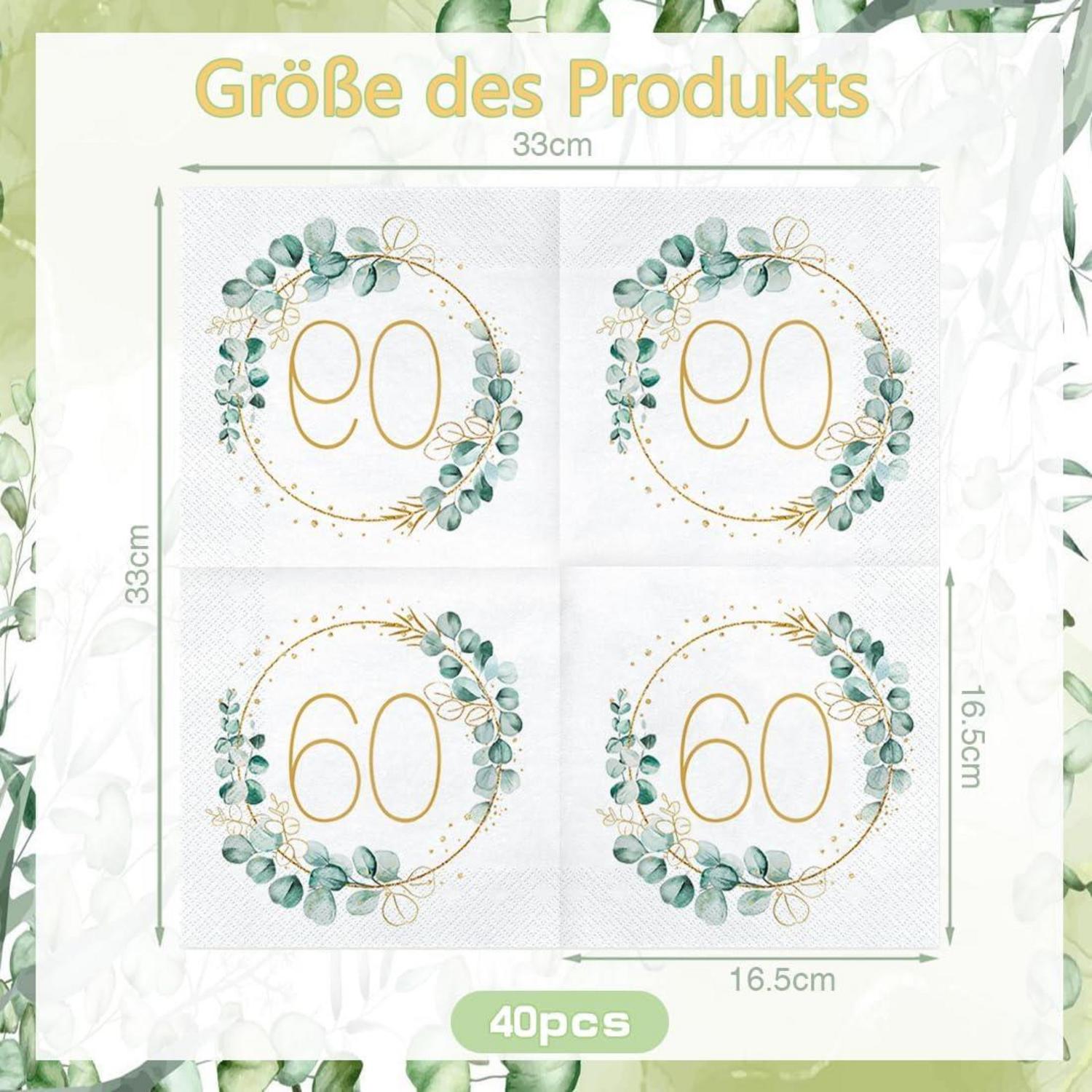 60. Geburtstag Servietten Eukalyptus Gold Grün 40 Stück