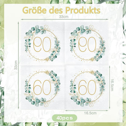 60. Geburtstag Servietten Eukalyptus Gold Grün 40 Stück