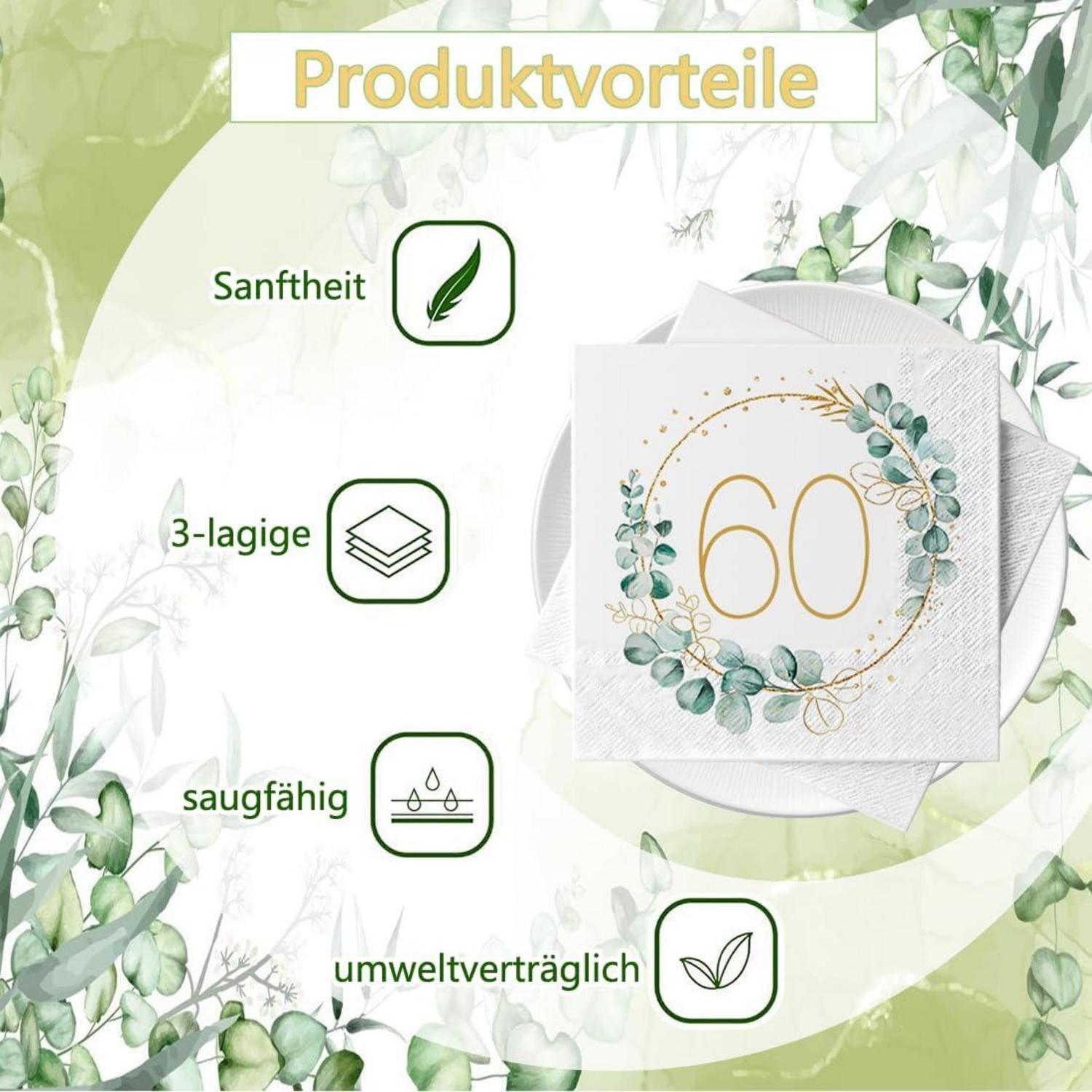 60. Geburtstag Servietten Eukalyptus Gold Grün 40 Stück Party Deko