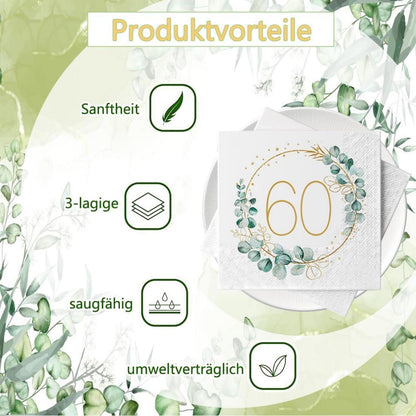 60. Geburtstag Servietten Eukalyptus Gold Grün 40 Stück Party Deko