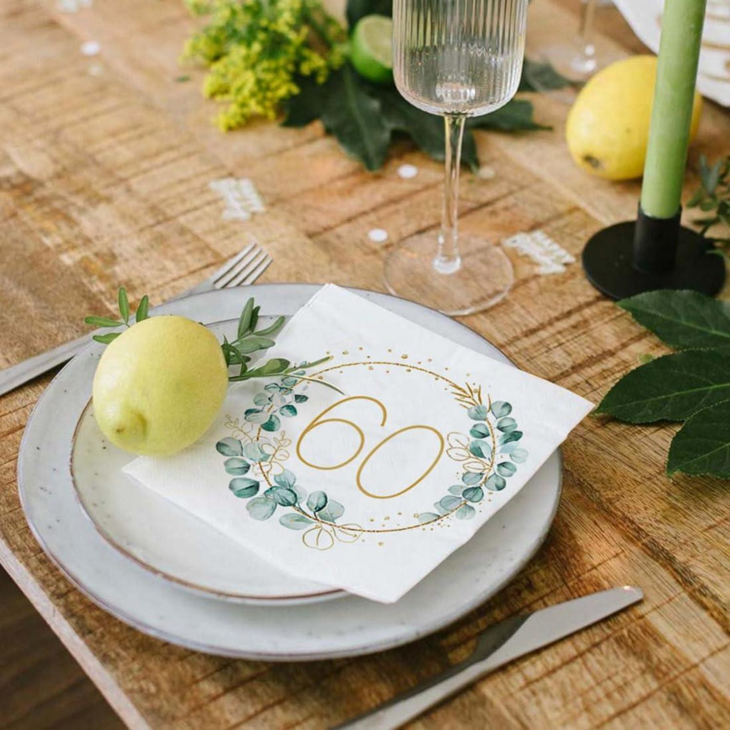 60. Geburtstag Servietten Eukalyptus Gold Grün 40 Stück Party Deko
