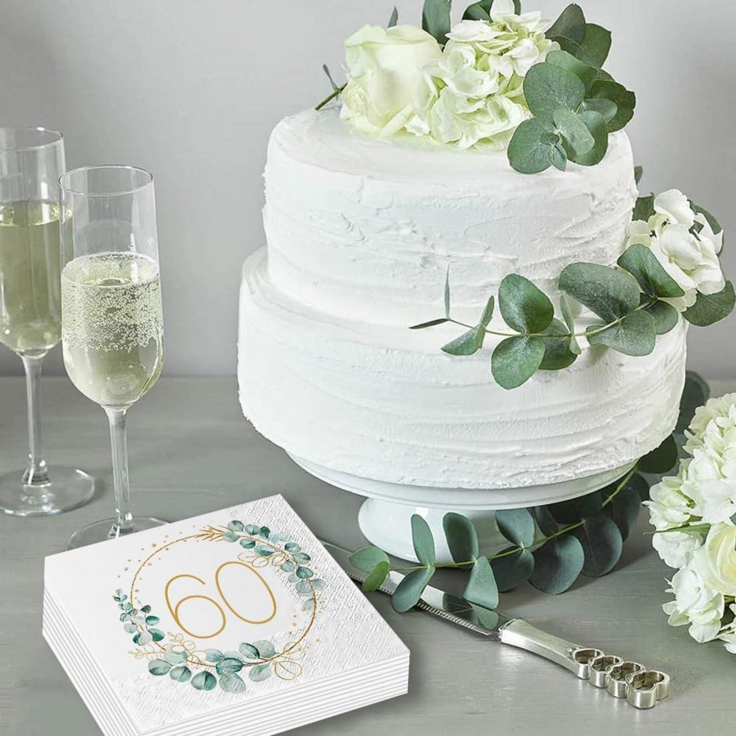 60. Geburtstag Deko Servietten Eukalyptus Grün Gold 3-lagig 40 Stück