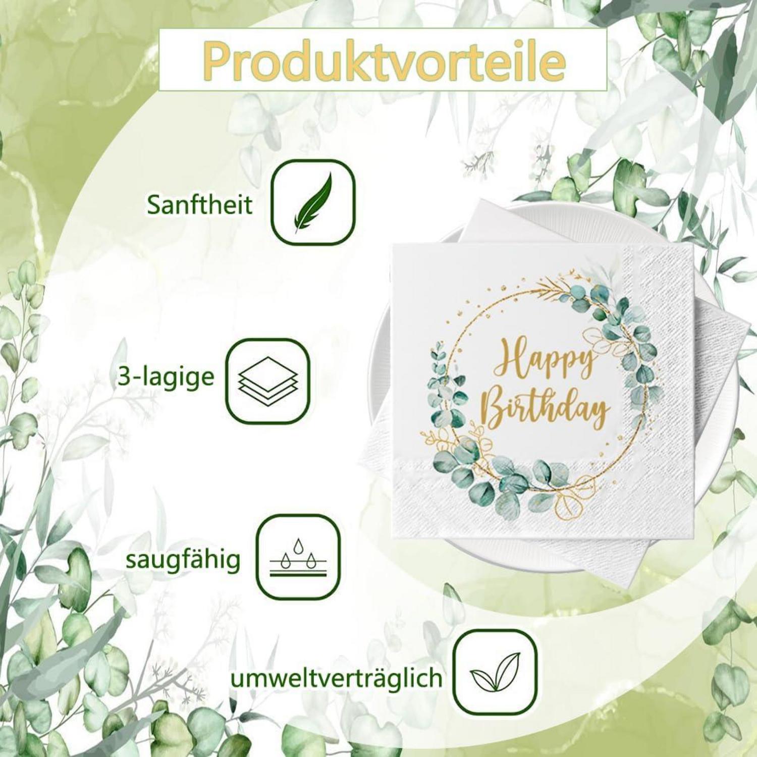 40 Stück Eukalyptus Happy Birthday Servietten 3-lagig 33x33 cm