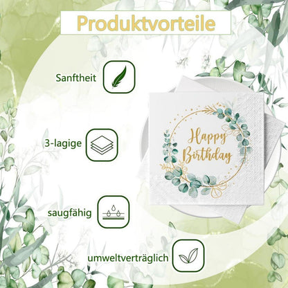40 Stück Eukalyptus Happy Birthday Servietten 3-lagig 33x33 cm