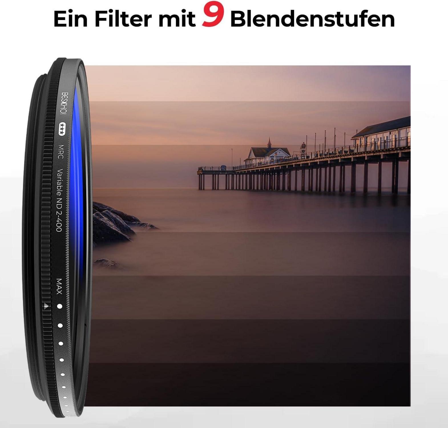 Beschoi 77mm Variabler ND Filter ND2-ND400 1-9 Stufen Graufilter wasserfest