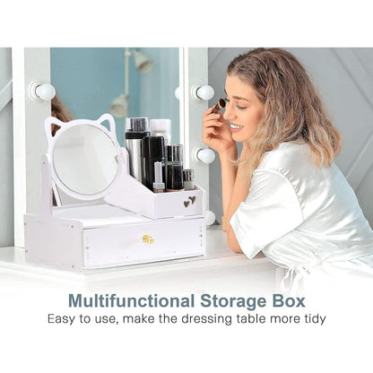 Schminktisch Organizer mit Rundem Spiegel Weiß Kosmetik Organizer PVC