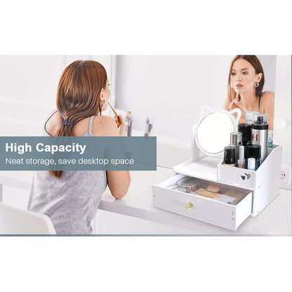 Schminktisch Organizer mit Rundem Spiegel Weiß Kosmetik Organizer PVC