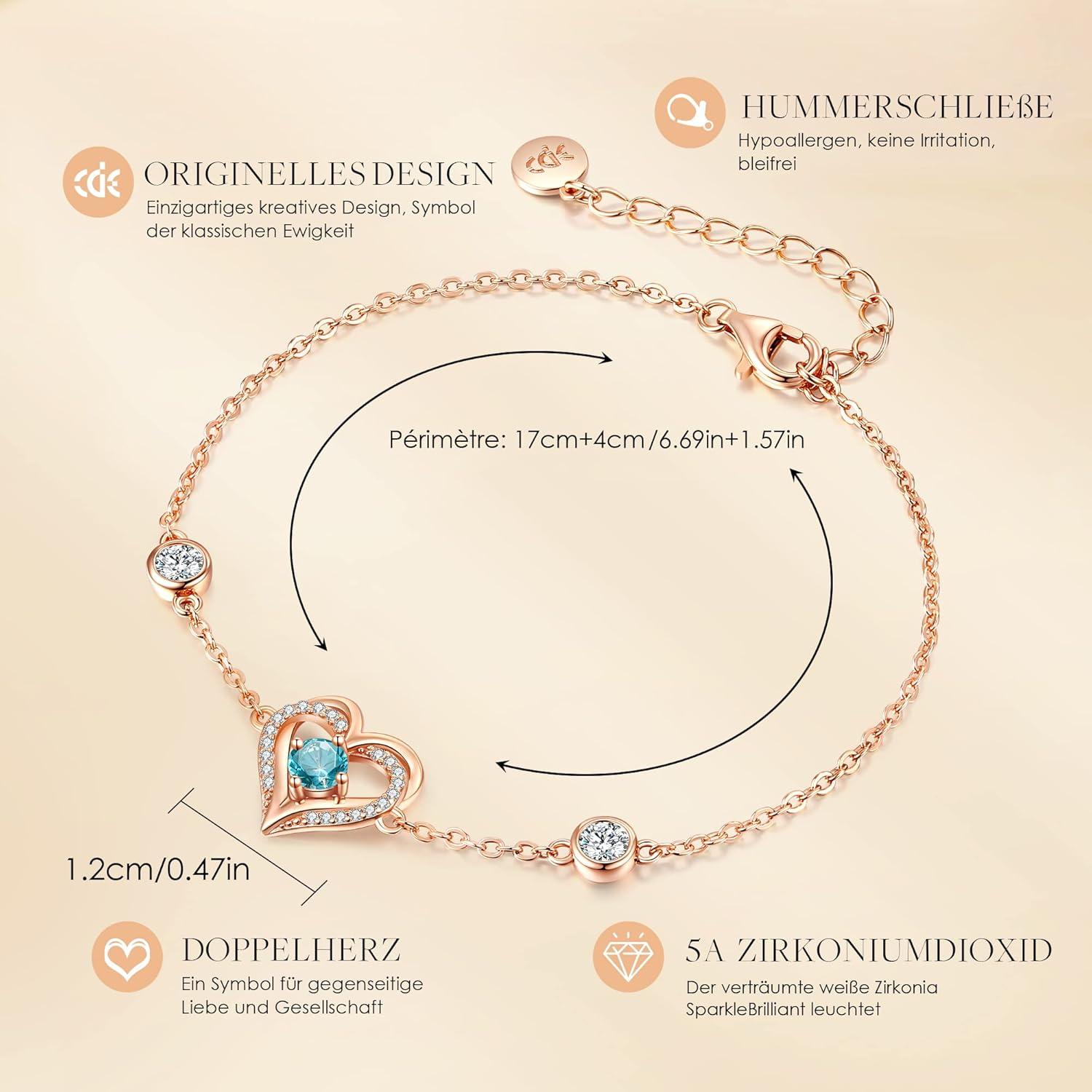 Herz Armband Damen 925 Sterling Silber Rosegold Geburtsstein Schmuck