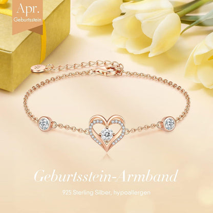 Sterling Silber Armband mit Herz & Geburtsstein – Rosegold, Geschenk für Sie