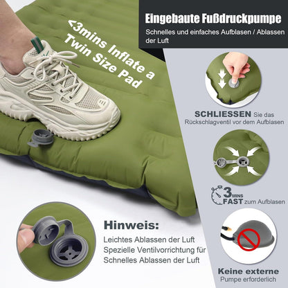 Selbstaufblasende Isomatte Camping 12cm Höhe, Ultraleicht, Wasserdicht, Grün