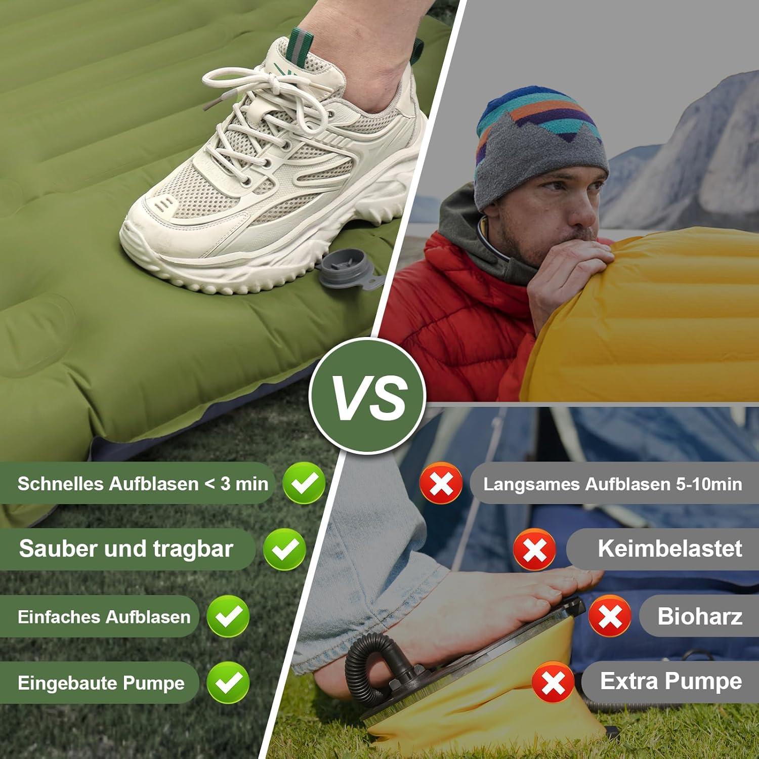 Selbstaufblasende Isomatte Camping 12cm Höhe, Ultraleicht, Wasserdicht, Grün