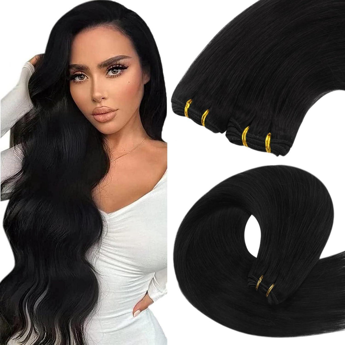 Echthaar Tressen Schwarz 35cm - 100g Weft Extensions