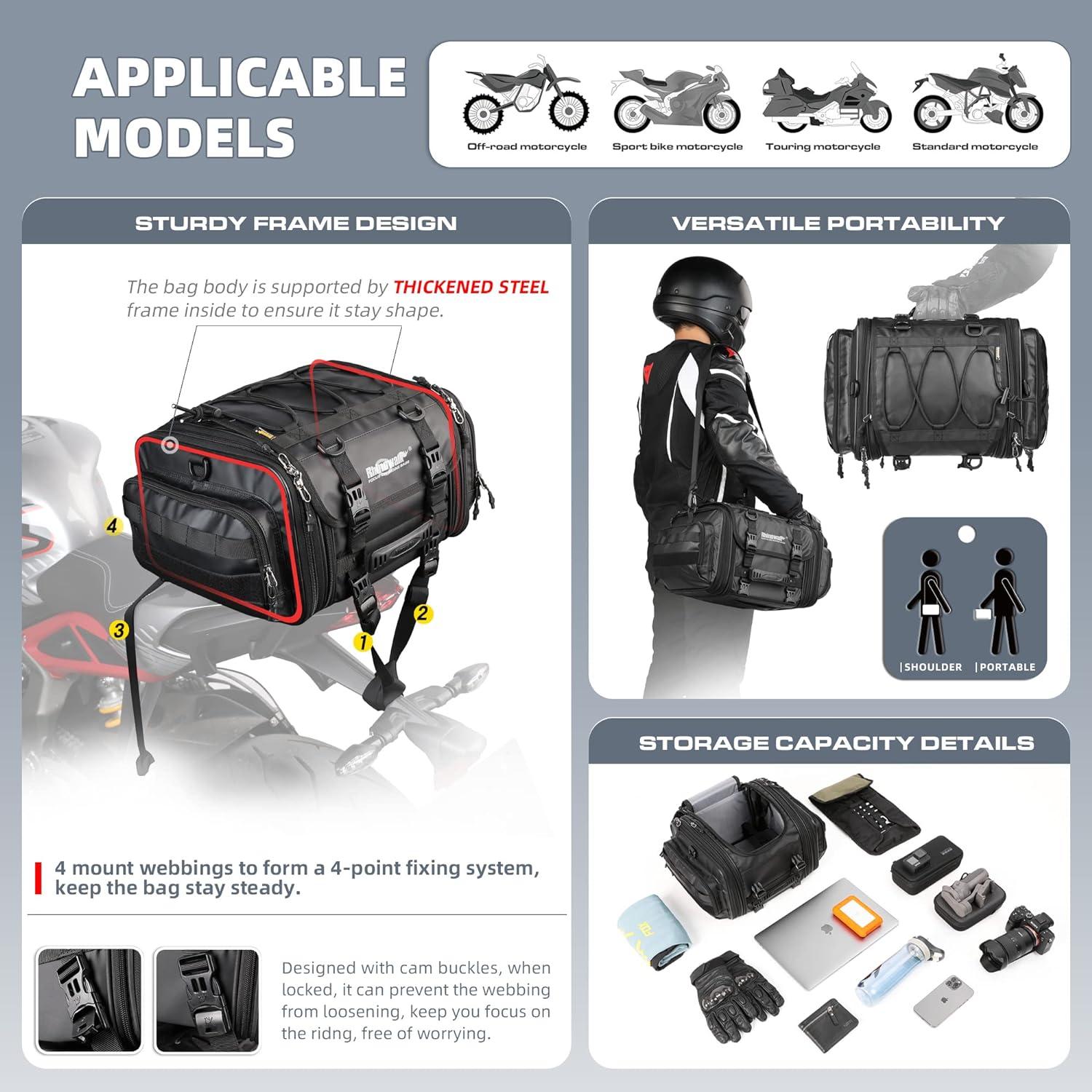 Motorrad Sitztasche 19-26L Wasserdicht Schwarz, Erweiterbare