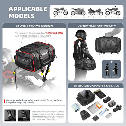 Motorrad Sitztasche 19-26L Wasserdicht Schwarz, Erweiterbare