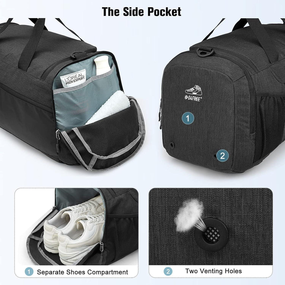 Reise-Rucksack 60L mit Nassfach und Schuhfach, Dunkelgrau/Schwarz