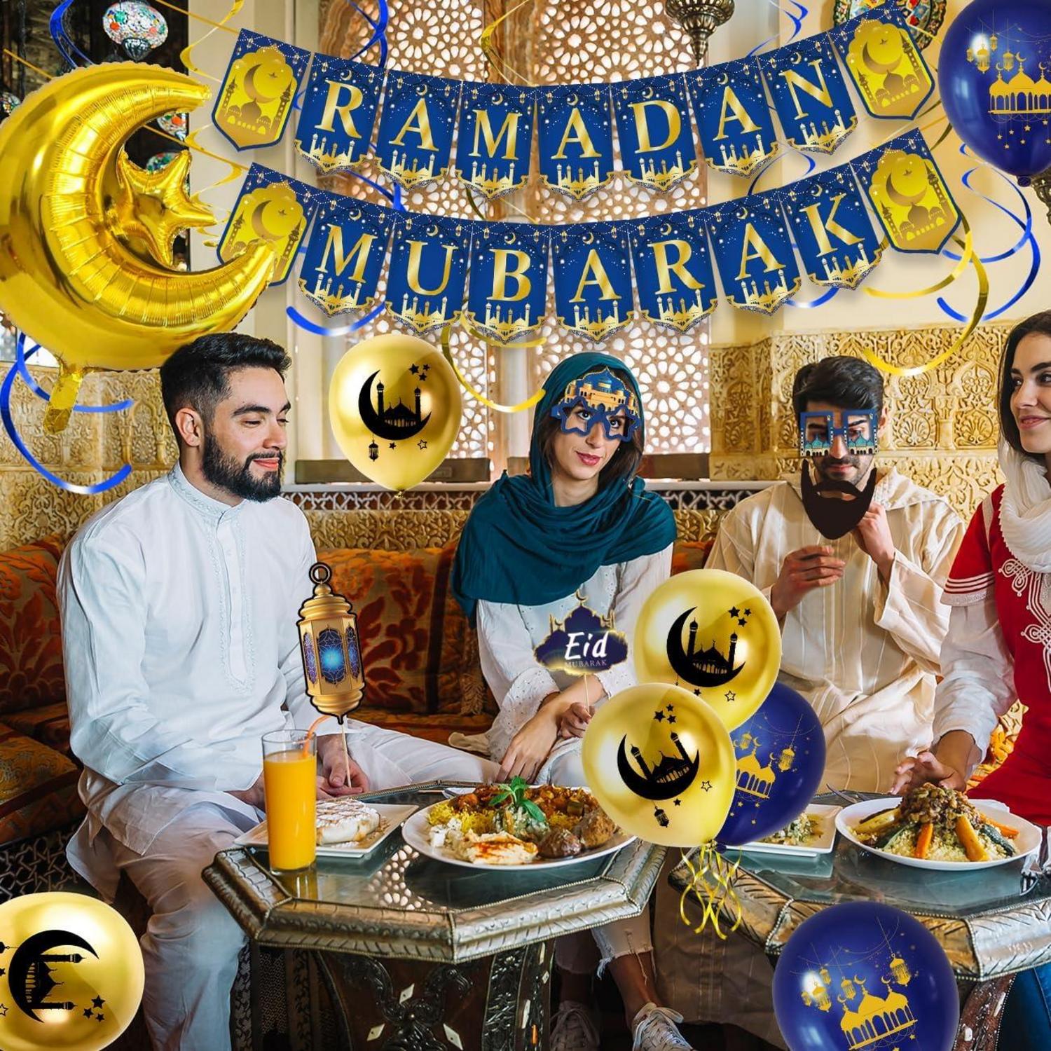 Eid Mubarak Dekoration Ramadan Banner Ballon Set Stern Mond Girlande Blau
