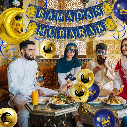 Eid Mubarak Dekoration Ramadan Banner Ballon Set Stern Mond Girlande Blau