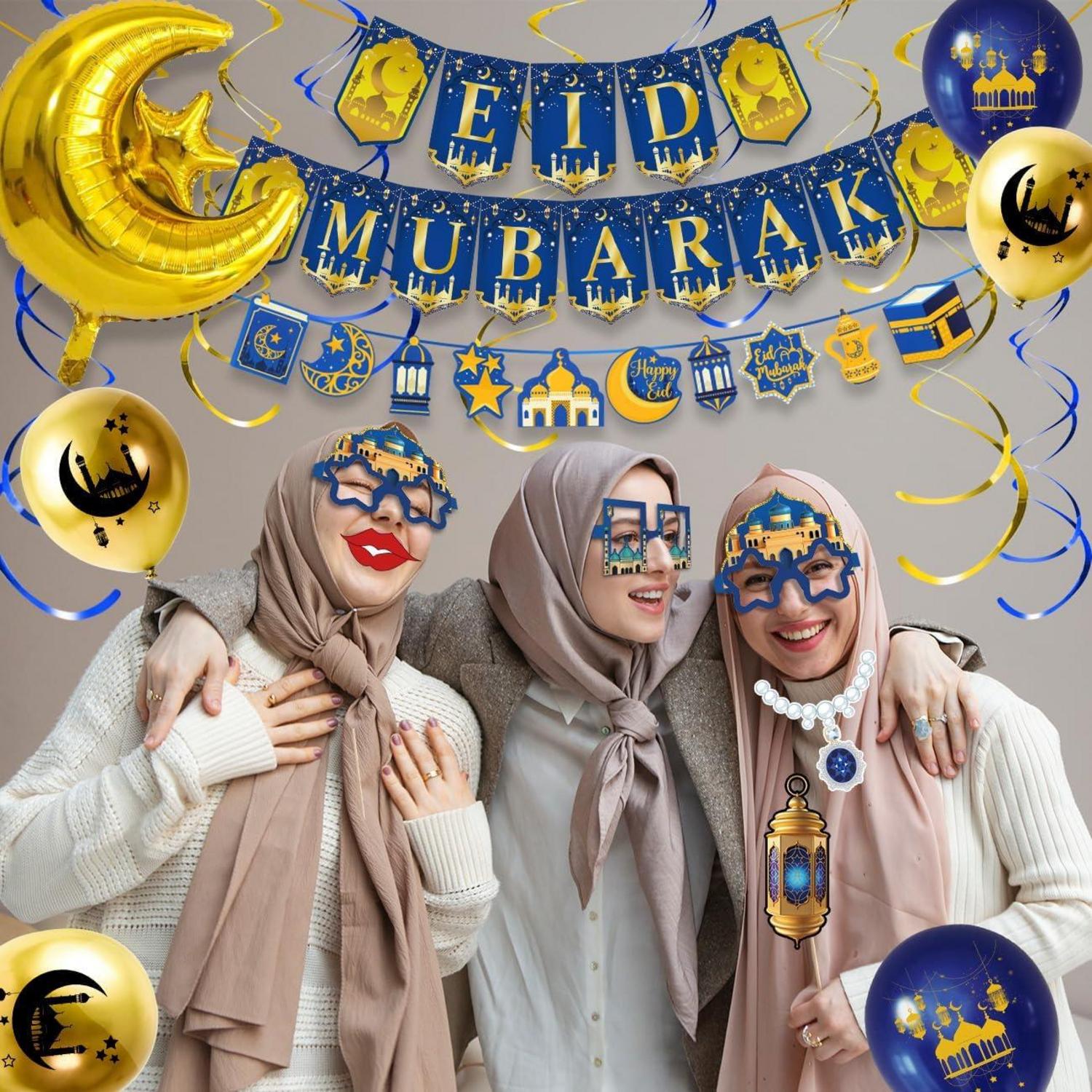 Eid Mubarak Dekoration Ramadan Banner Ballon Set Stern Mond Girlande Blau