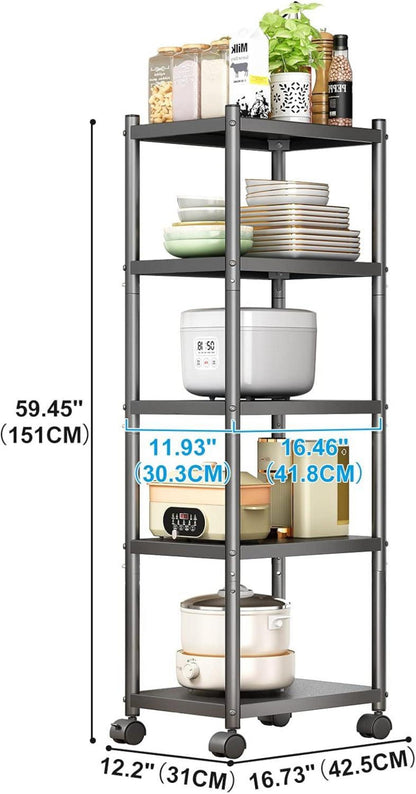 Standregal 5 Etagen Metallregal schmal Küchenregal mit Rollen Schwarz