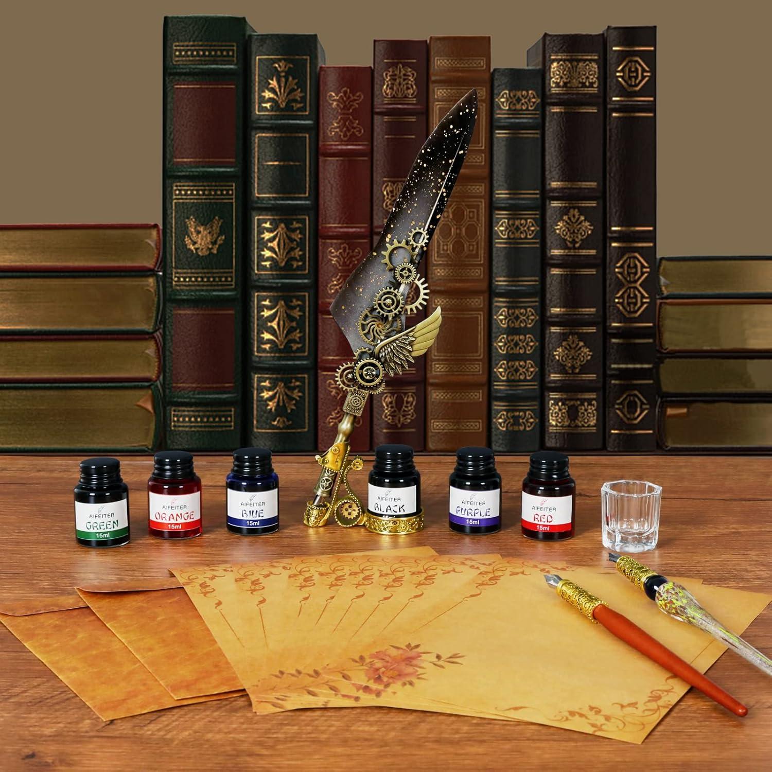Schreibfeder Tinten Set mit Leder Notizbuch und Quill Stift