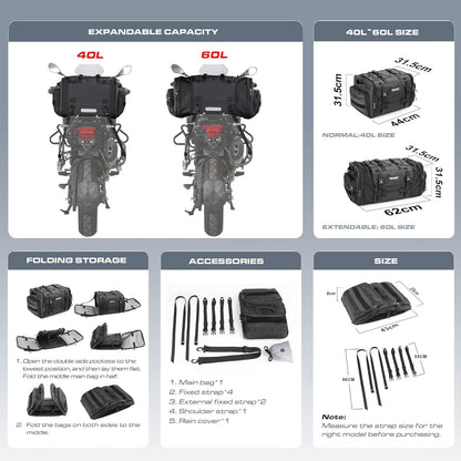 Motorrad Hecktasche 40-60L Erweiterbar Wasserdicht Schwarz