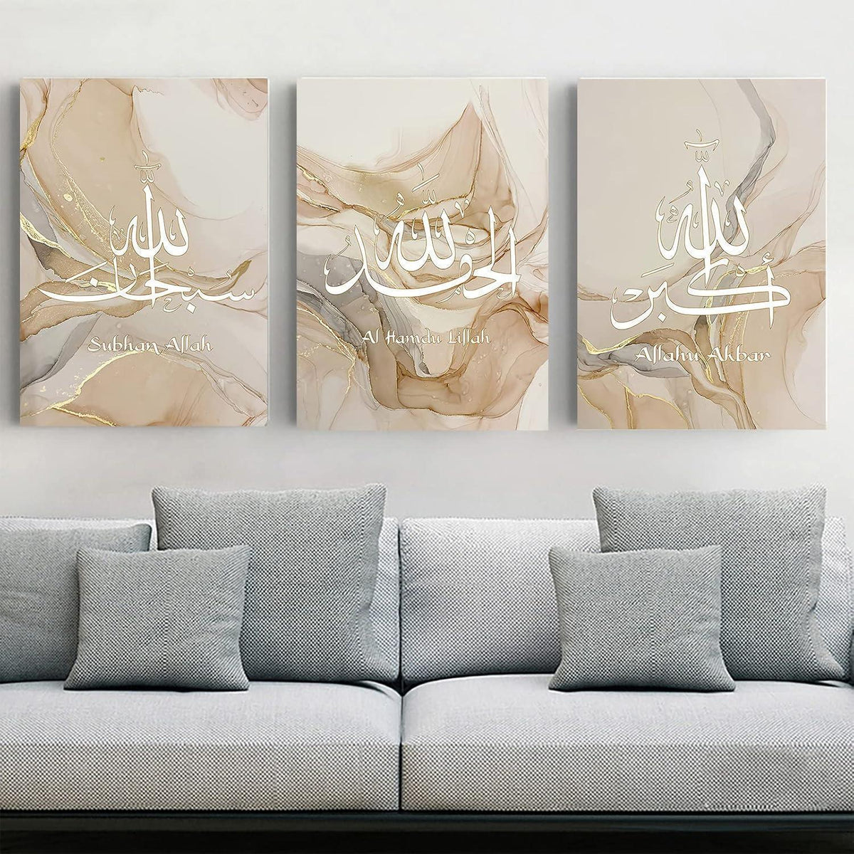 Islamische Kalligraphie Leinwandbilder Marmoroptik Gold 3er Set 60x90cm