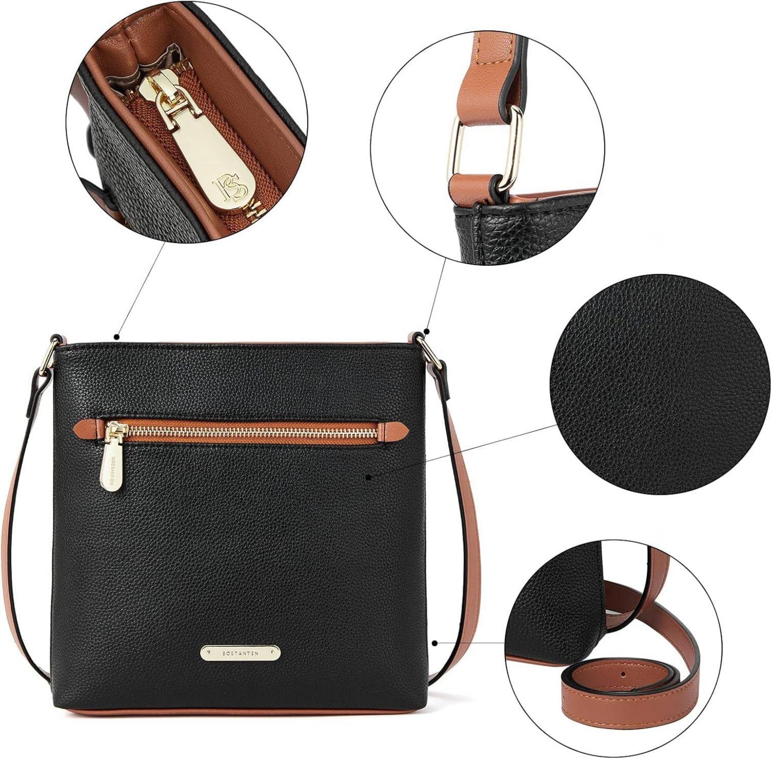 BOSTANTEN Umhängetasche Damen Mittelgroß Leder Crossbody Elegant Schwarz Braun