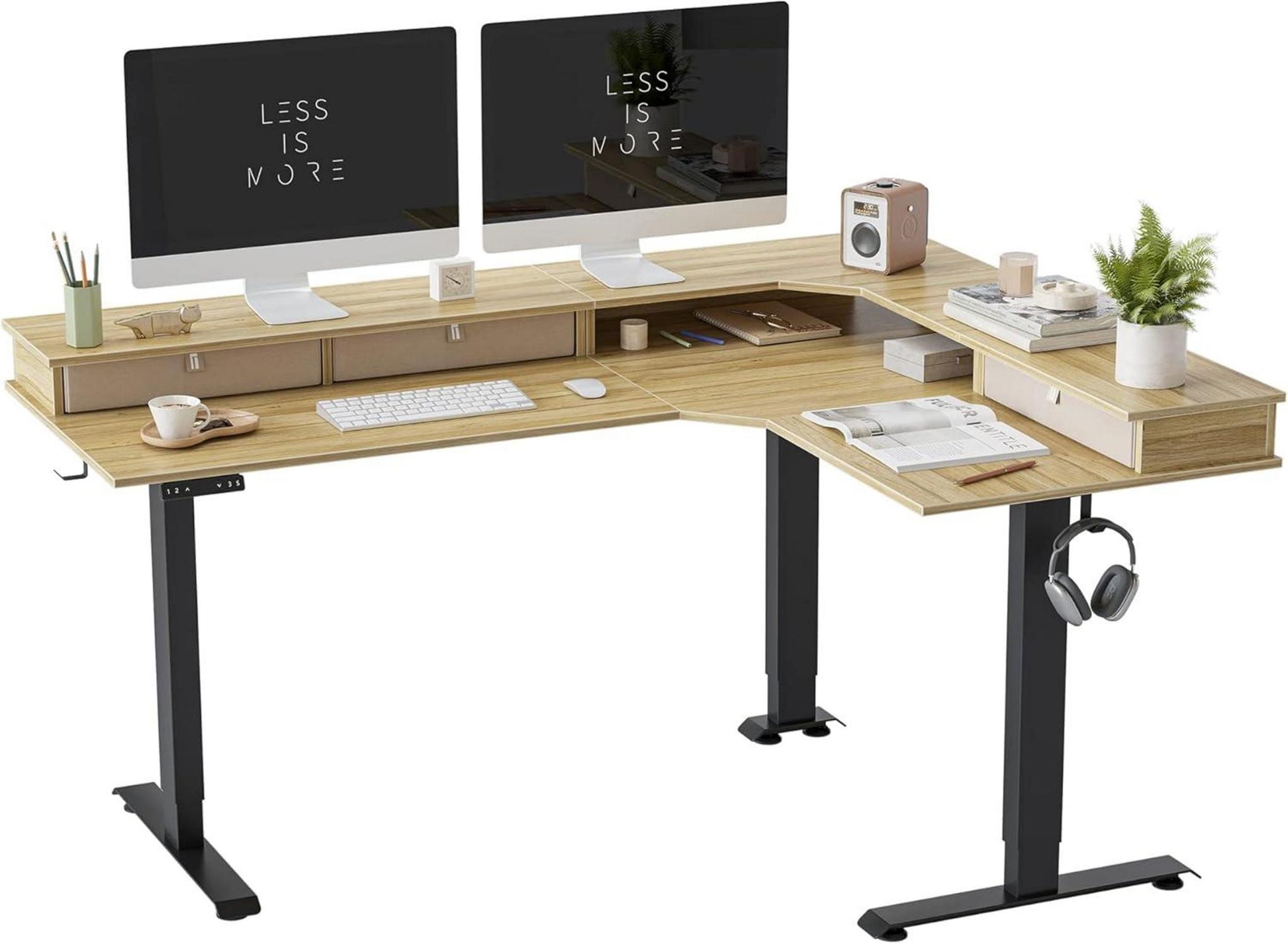 Elektrischer L-förmiger Schreibtisch 160x120 cm Schwarz/Hellbraun