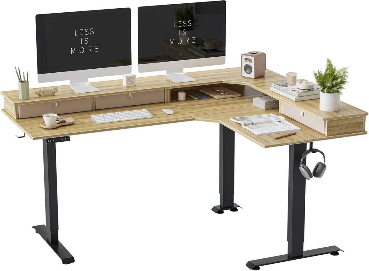 Elektrischer L-förmiger Schreibtisch 160x120 cm Schwarz/Hellbraun