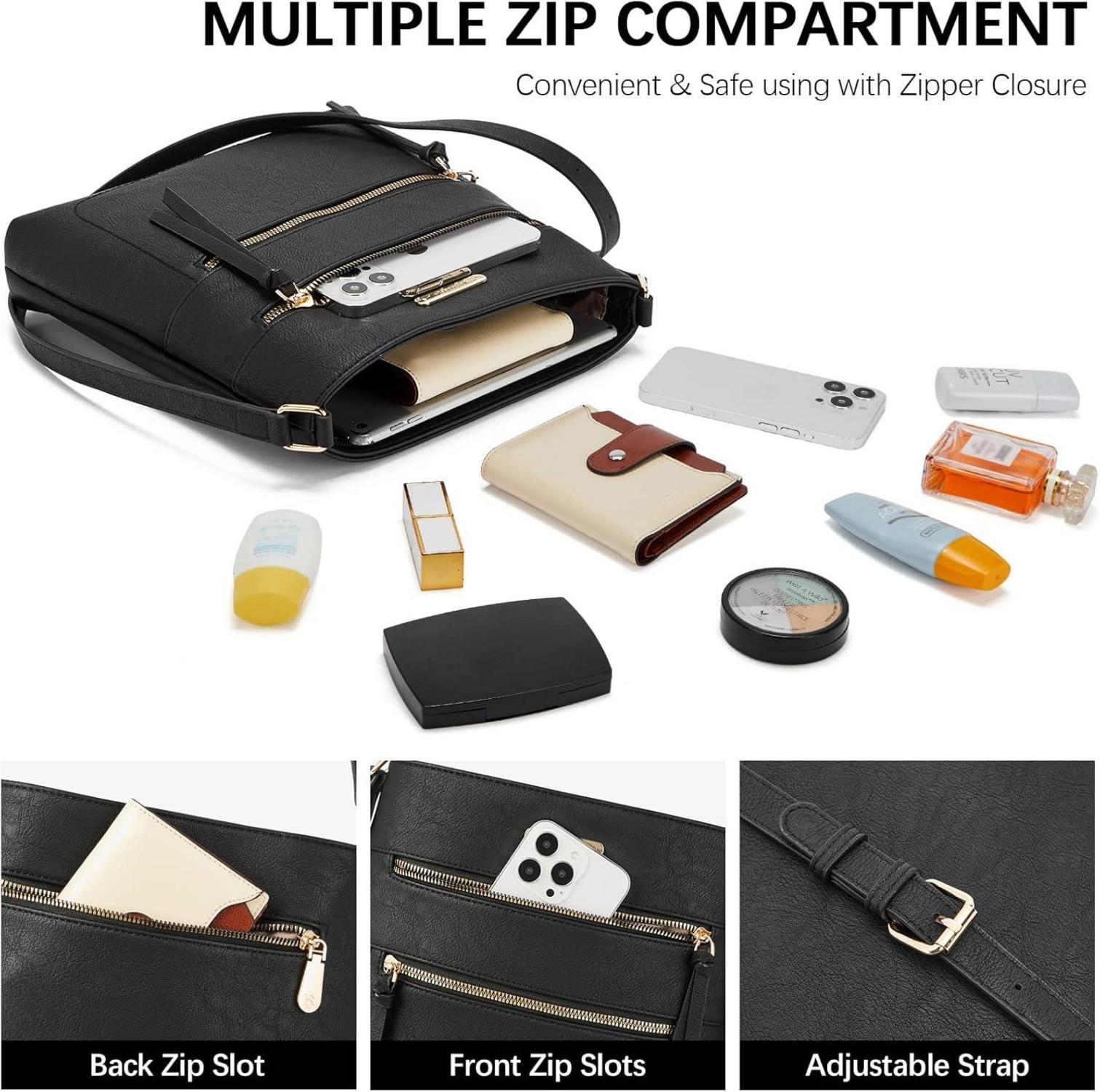 Damen Umhängetasche Mittelgroß Schwarz PU Leder Crossbody Handtasche