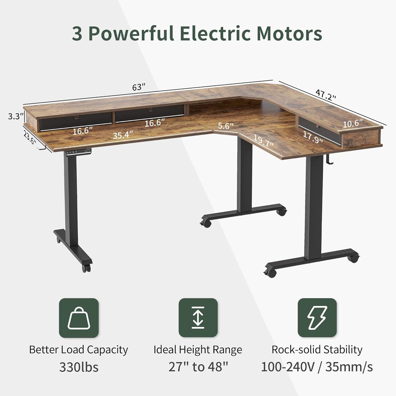 FEZIBO DREI Motoren Schreibtisch Höhenverstellbar Elektrisch L Form Stehpult 160x120 cm Eckschreibtisch Schwarz Rahmen Braun Tischplatte