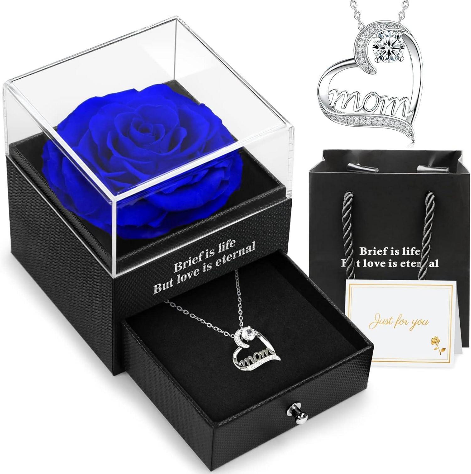 Ewige Rose Muttertagsgeschenk 'Mom' Halskette Blau