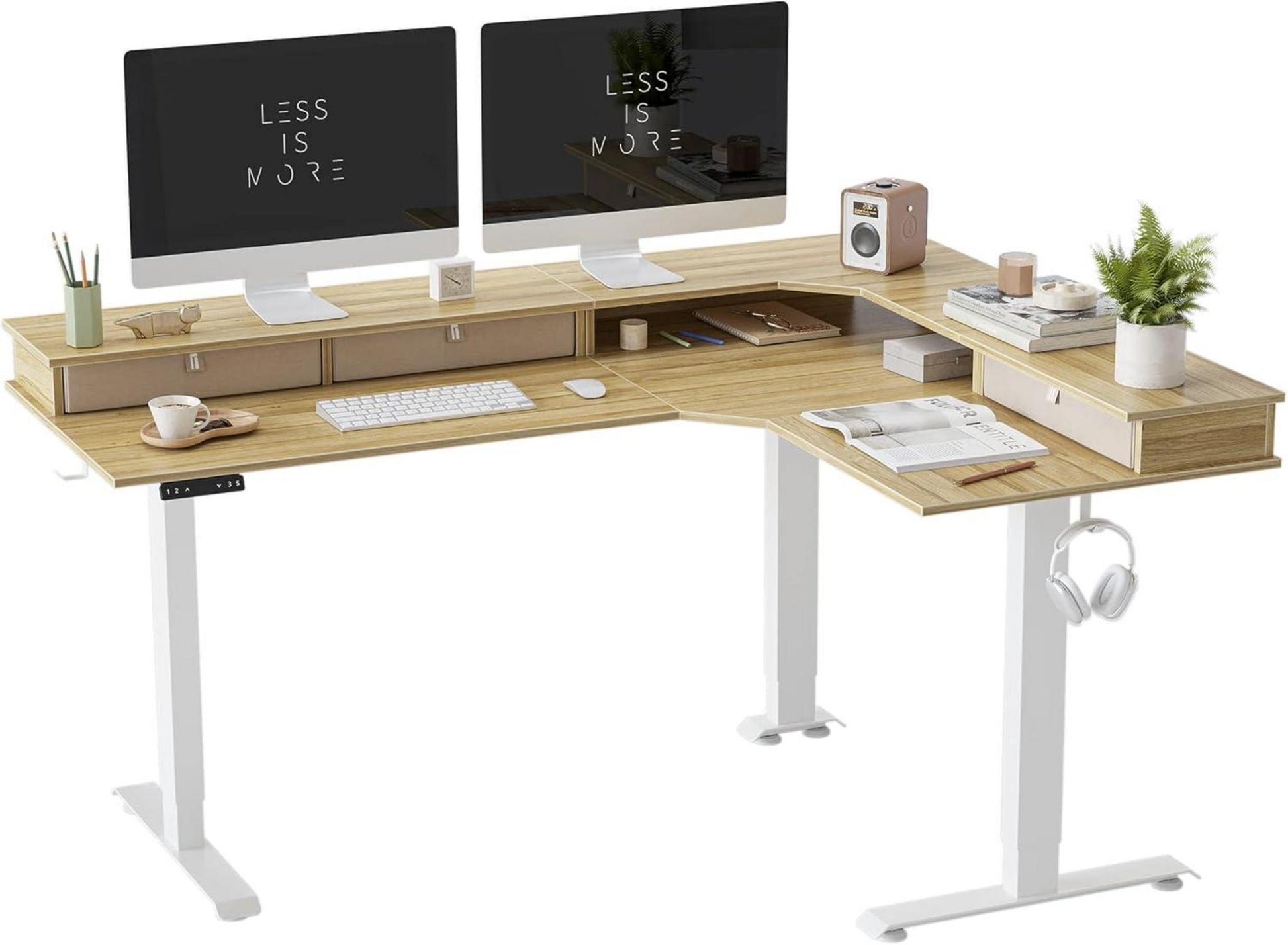 Höhenverstellbarer L-förmiger Schreibtisch 160 x 120 cm White/Beige