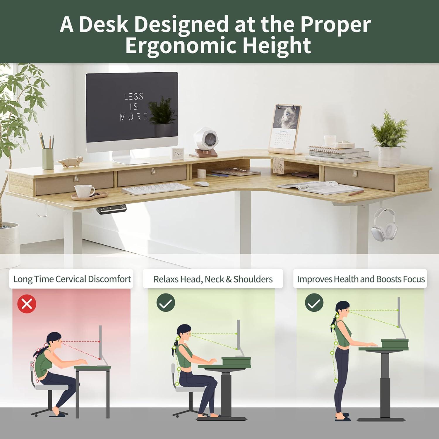 Höhenverstellbarer Schreibtisch mit 3 Motoren, L-Form, 160 x 120 cm, Weiß/Hellbraun
