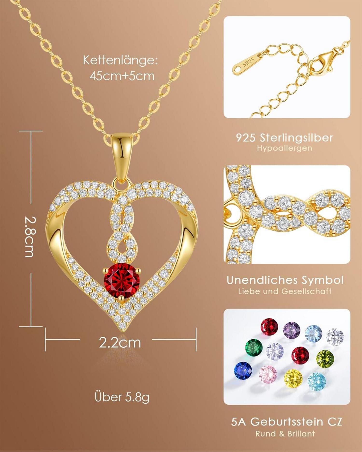 Halskette Damen Silber 925 Infinity Kette Zirkonia Herz Anhänger 18K Vergoldet