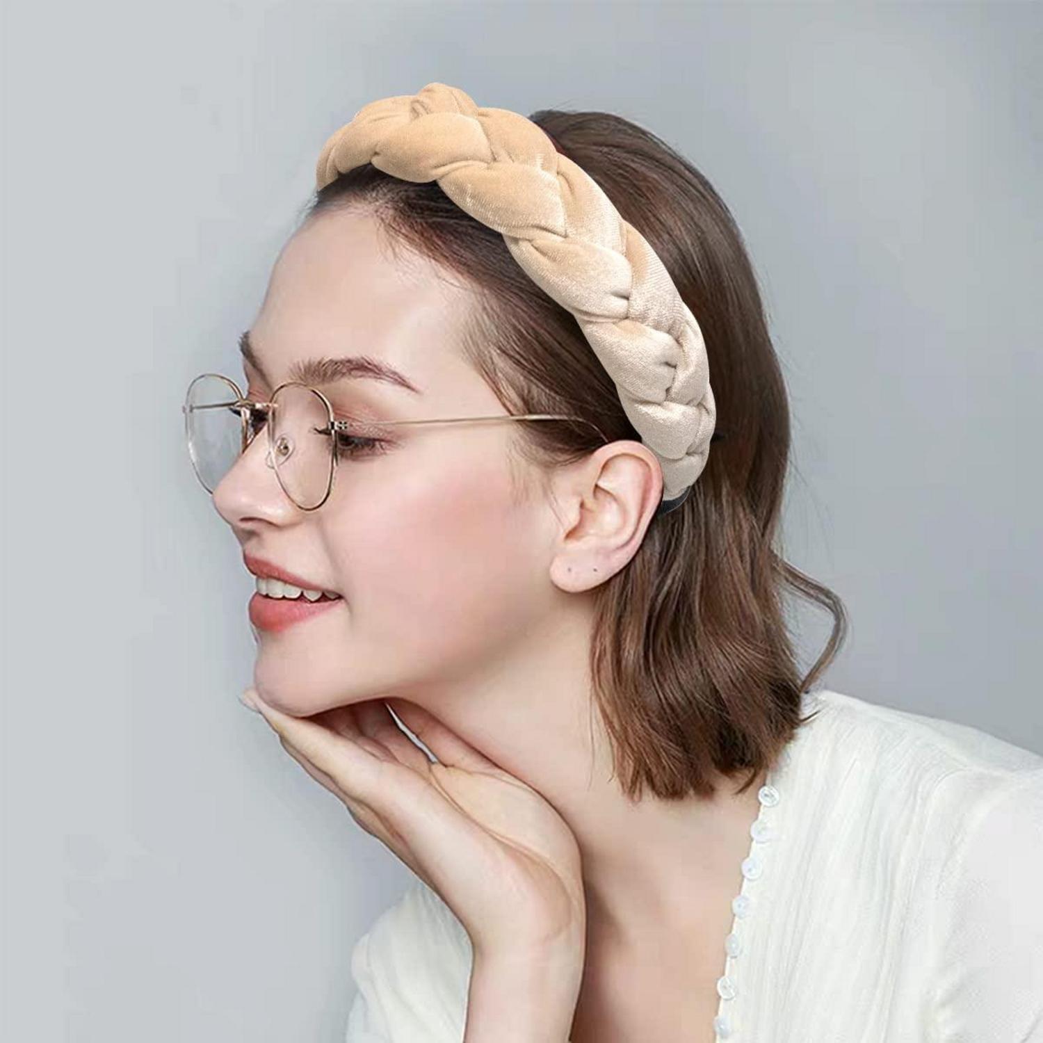 DRESHOW Geflochtenes Stirnband Damen Samt Haarreif Elastisch Cross Beige