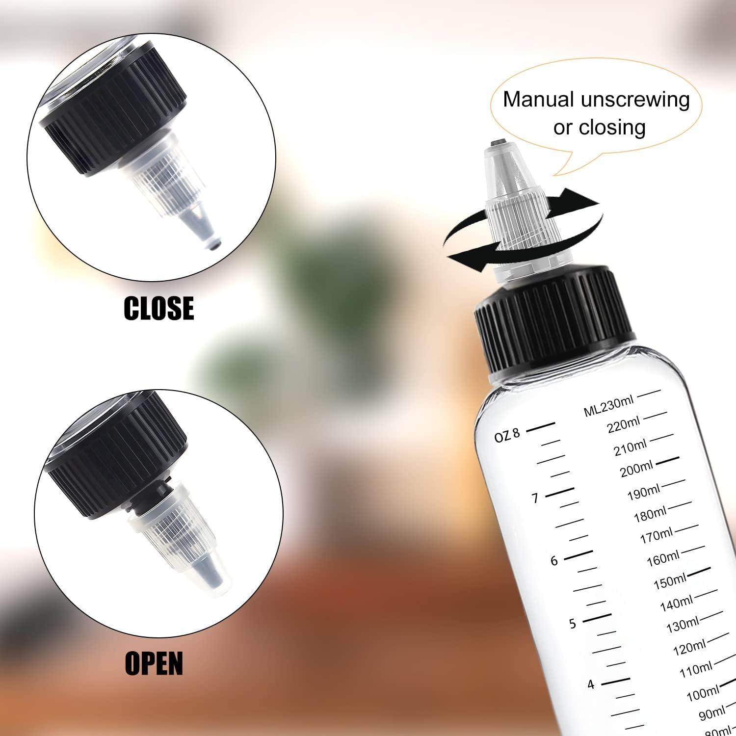 XUHN Quetschflasche 250ml 5 Stück Transparente Squeeze Flasche Spenderflaschen Schwarz Drehverschluss Skala Mit 1 Aufkleber