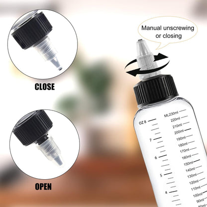 XUHN Quetschflasche 250ml 5 Stück Transparente Squeeze Flasche Spenderflaschen Schwarz Drehverschluss Skala Mit 1 Aufkleber