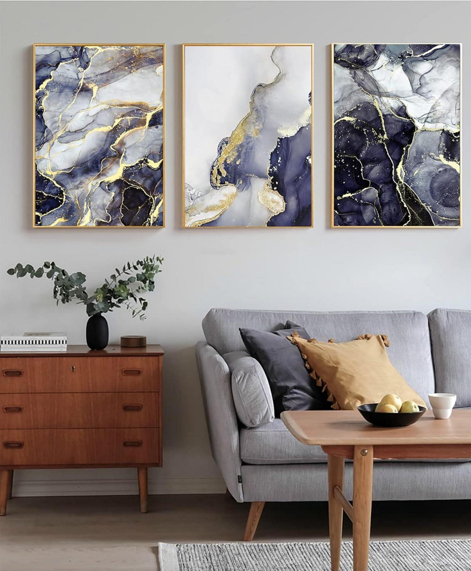 Wandbilder Wohnzimmer - Grau Golden Fluid Art Marmor Textur