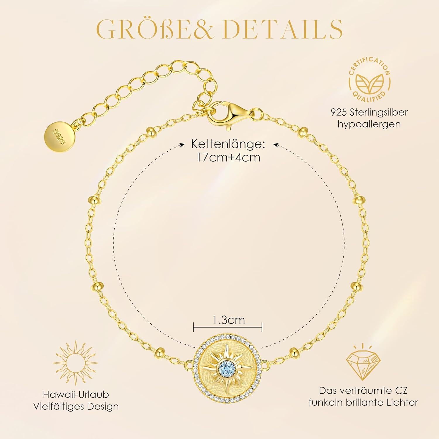 925 Sterling Silber Armband mit Sonne Anhänger - Geschenk für
