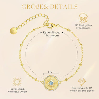 925 Sterling Silber Armband mit Sonne Anhänger - Geschenk für