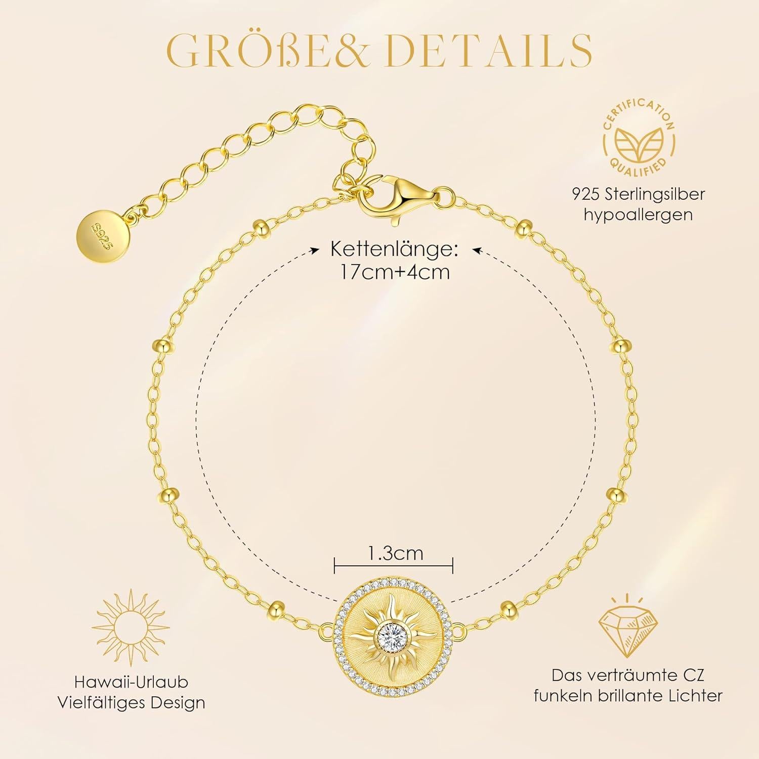 925 Sterling Silber Armband Damen mit Sonne Anhänger Geschenke Weihnachten