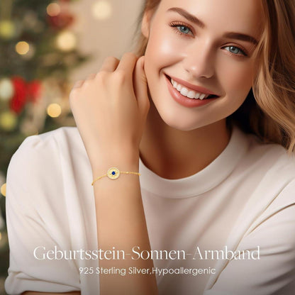 Sterling Silber Armband Damen mit Sonne Anhänger, Geburtsstein-Option