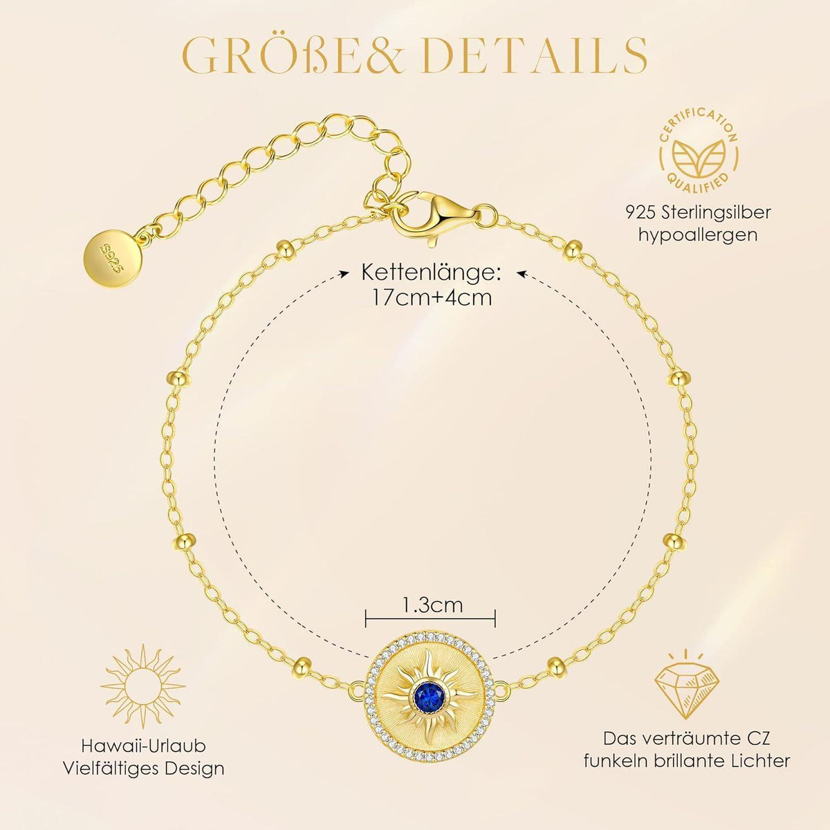 Sterling Silber Armband Damen mit Sonne Anhänger, Geburtsstein-Option